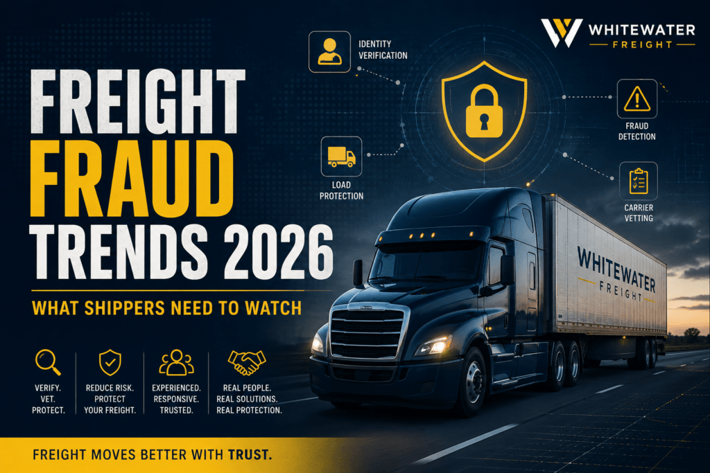 Freight fraud trends in 2026 with a freight truck, security shield, and logistics warning icons