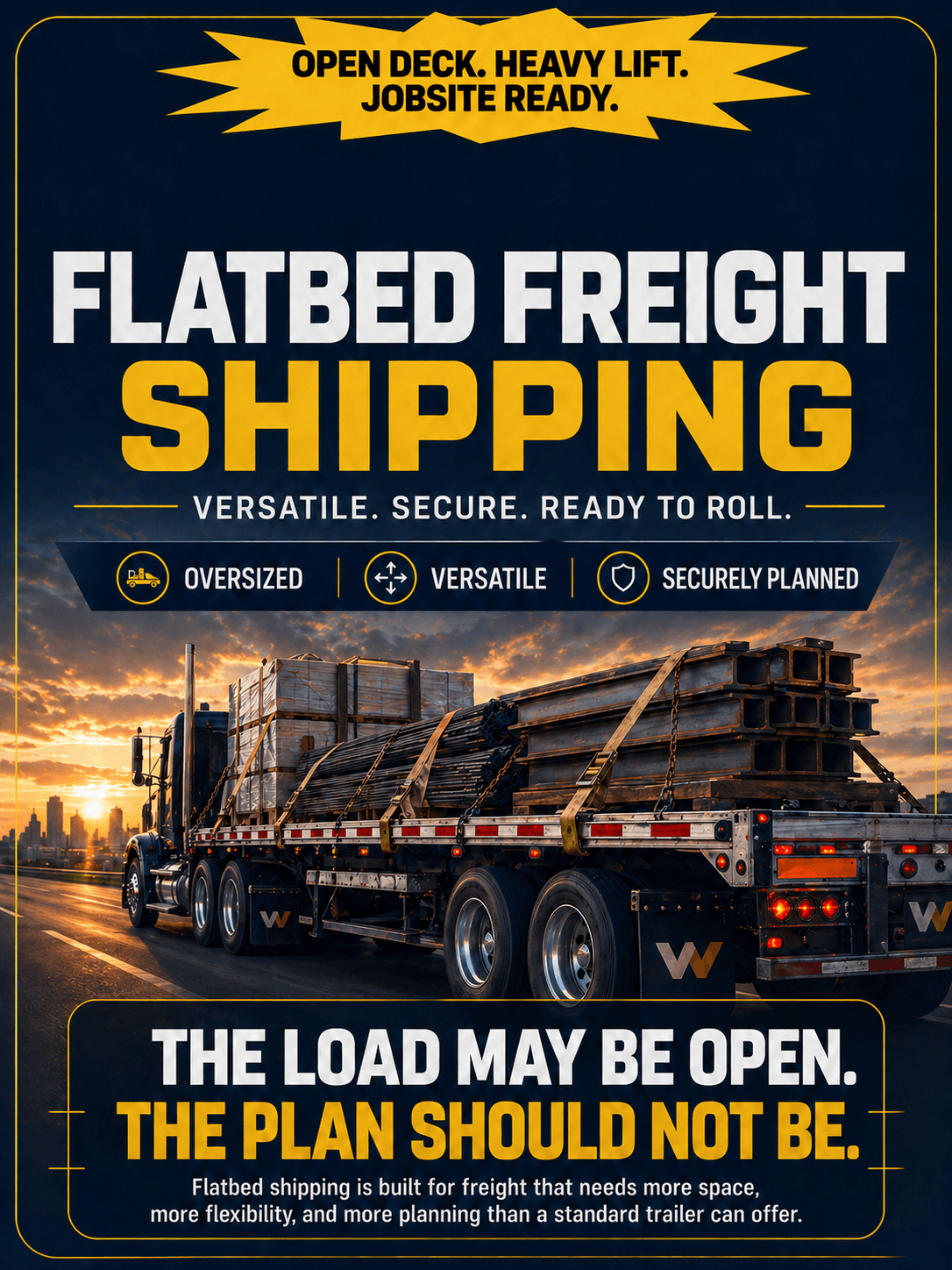 Flatbed freight shipping with secured open deck freight